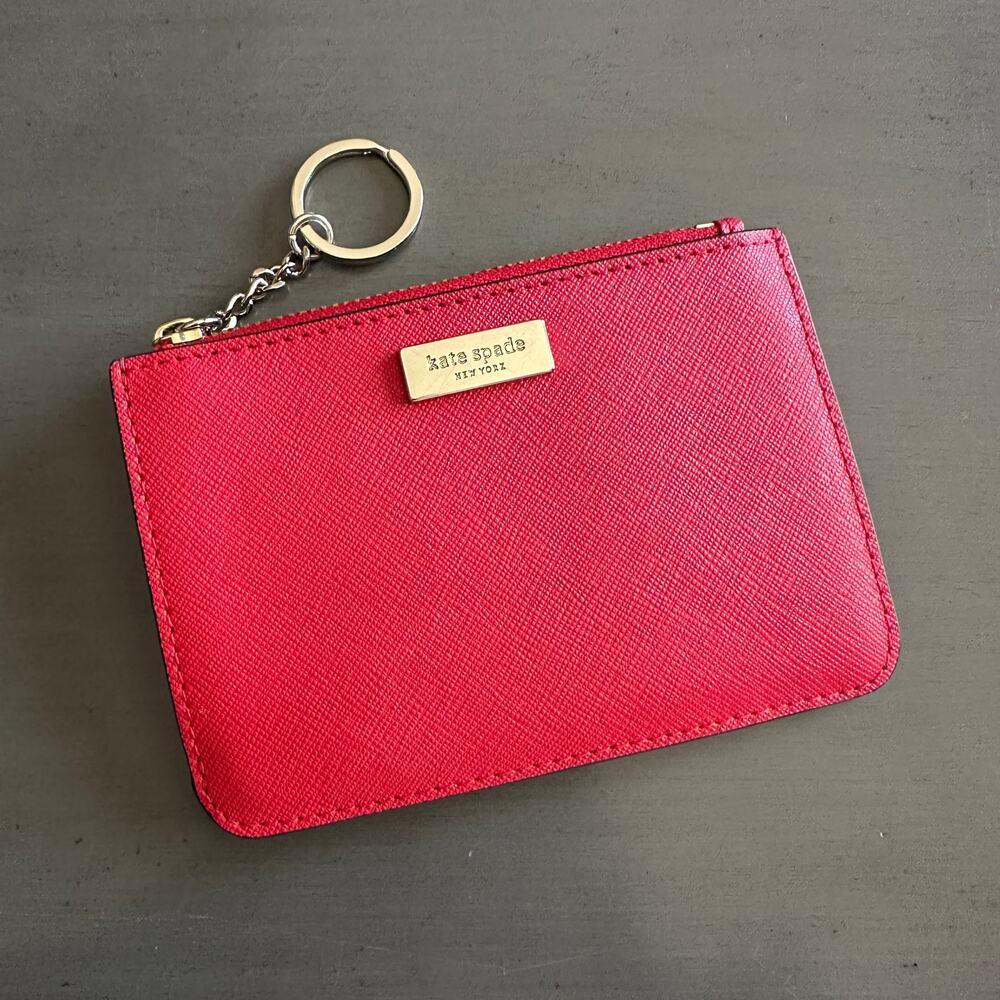 Kate Spade Bright Red Saffiano Leather Zip Top Card Holder Keychain Wallet